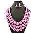 Women's Simulated Faux Three Multi-Strand Pearl Statement Necklace and Earrings Set (Hot Pink)