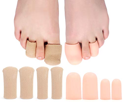 SQHT 8 Pack Gel Toe Caps and Protector Toe Sleeves for Corns, Bunion Blisters, Hammer Toes or Ingrown Toenails (Beige)