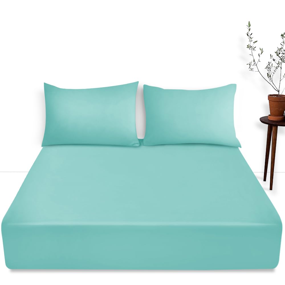 GC GAVENO CAVAILIA Soft Plain Dyed Deep Fitted Sheet King Size - Comfortable & Fade Resistant Bottom - Bedding Aqua, King Fitted Sheet