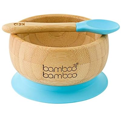 bamboo bamboo Baby Toddler Suction Bowls and Matching Spoon Set, Suction Stay Put Feeding Bowl, Natural Bamboo (Blue)