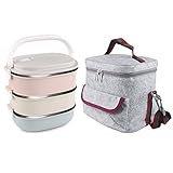 3Layers Lunch Box & Insulated Lunch Bags Set，Leakproof  metal lunch boxes adult , Portable A Office Snack Food lunch containers stackable stainless steel for Girl Gray