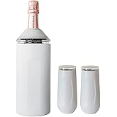 Vinglacé Champagne Bottle Chiller Gift Set- Portable Stainless Steel Sparkling Wine Cooler with 2 Stemless Champagne Flutes, White