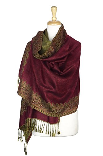 Paskmlna Border Pattern Double Layered Reversible Woven Pashmina Shawl Scarf Wrap Stole (#03burgundy)