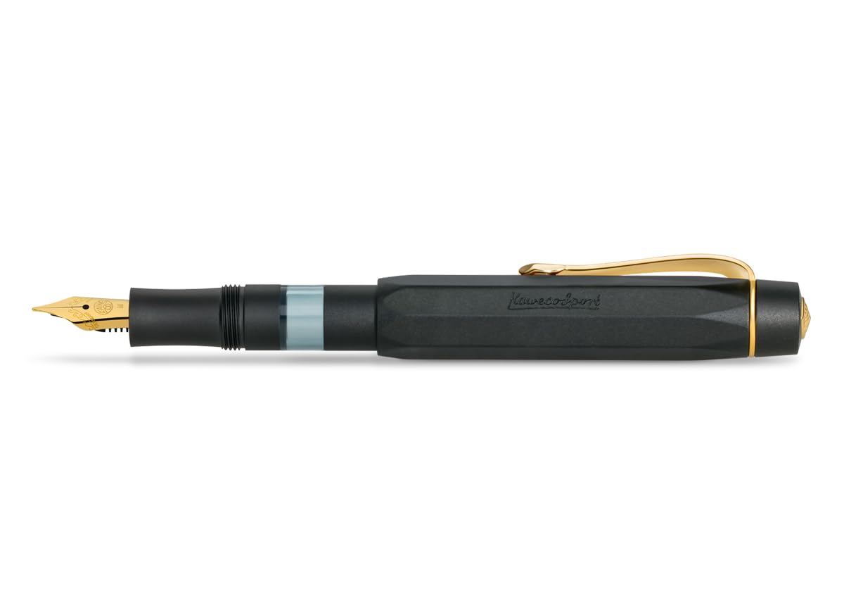 Kaweco PISTON SPORT AL Black/Gold Solo I Classic Fountain Pen with Steel Nib for Ink Bottles with Transparent Window in Nostalgic Box I Exclusive Aluminium Pen 13 cm I Nib: M (Medium)
