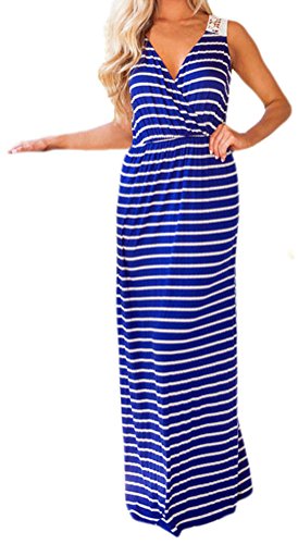 Dh Ms Dress Womens Summer Blue White Stripes Print Lace