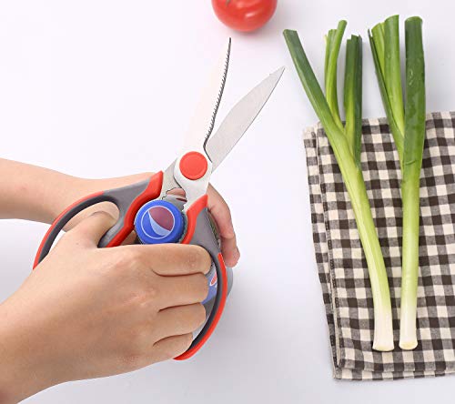 Multifunction Kitchen Scissors 2-Piece Set WELLSTAR, Heavy Duty Food Shears for Chicken Meat Vegetable Fish Herb Poultry Stainless Steel Cooking Scissors with Comfortable Handle Scissors Set (Red)