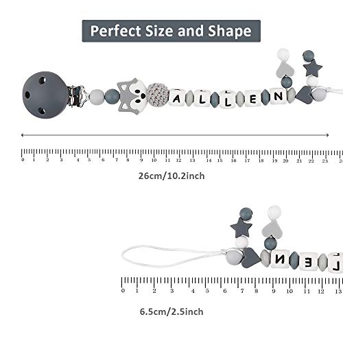 Pacifier Clip Personalized Name, MCGMITT Customized Fox Binky Holder Teething Silicone Beads for Baby Girls Boys (Grey)