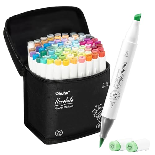 Ohuhu Marcadores de Alcohol de Doble Punta - Set de 72 Colores para Artistas e Ilustración - Puntas Cincel y Pincel - Recargables - Serie Honolulu