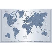 Premium World Travel Push Pin 24 x 36 Map With Pins by Emmel - Ice Blue Style and Framed - Track Your Adventures With a Premium Pinable Canvas and Cork Map