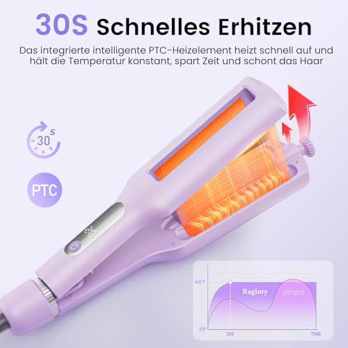 22/25/32/38 mm Adjustable Wave Iron for Hair - 4-in-1 Beach Waves Curling Iron, 3 Barrels Curling Irons with Display, Burn Protection, Fast Heating, 4 Temperatures (140-210°C), Purple