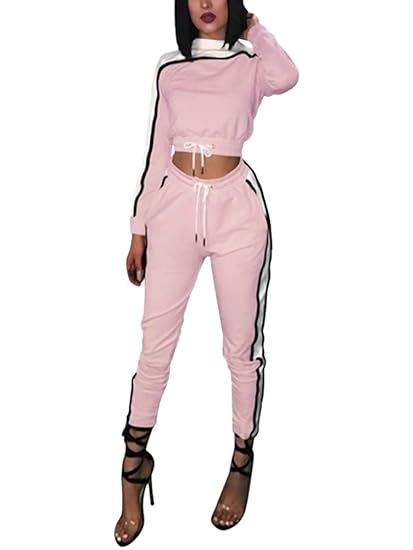 Minetom Damen Sportanzüge Jogginganzug Sport Sets Hosen + Crop Top Pullover Bekleidungssets Langarm Farbblock Kordelzug Yoga 