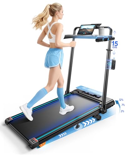 6-in-1 Folding Treadmill for Home with Removable Table, 3.0HP Walking Pad with Incline up to 12%, 12 km/h Foldable Walking Pad Treadmill with 15 cm Telescopic Handle and RGB Lights,330LBS Load