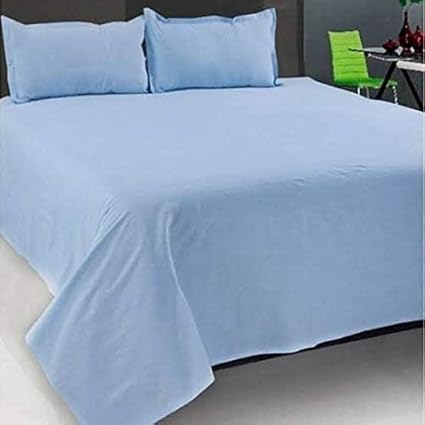 SinghsVillas Decor Cotton Plain Double Bed Sheet with 2 Pillow Covers, Queen, Blue