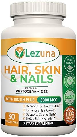 Lezuna Hair Skin and Nails Vitamins, Jump Start Hair Growth, Anti-Aging Benefits, Increase Nail Strength, Phytoceramides Growth Supplement, Only 1 Capsule Per Day - 30 Capsules