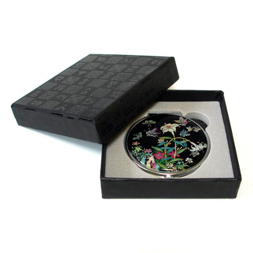 Mother of Pearl Lily Flower Design Black Compact Cosmetic Double Makeup Pocket Round Mirror, 3.2 Ounce