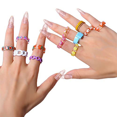 HUIOWSR SWERTY Resin Rings Acrylic Cute Rings Set, Colorful Rings