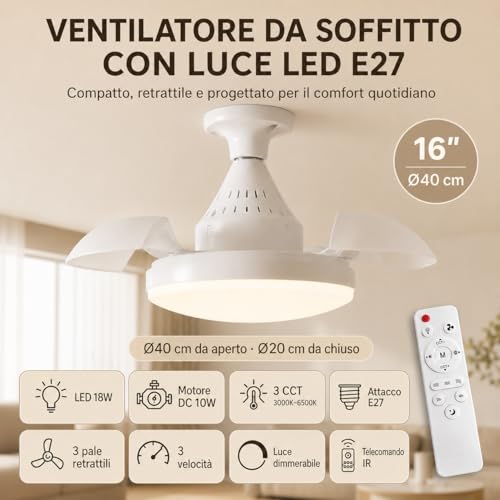 MARSI Ventilador de Techo con Luz LED 40 cm, Lámpara Ventilador E27, 3 Aspas Retráctiles PC, Motor DC, 3 Velocidades, Luz Regulable, Mando IR, para Dormitorio y Estudio