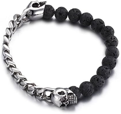 HanTian Essential Oil Bracelets Men's Bracelet Diffuser Bracelet Lava Beads Skull Bracelet (Silver)