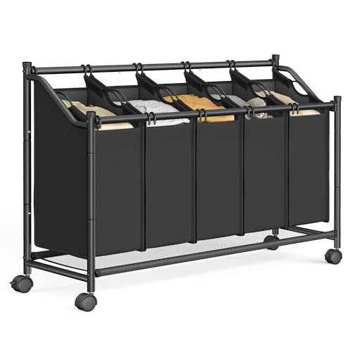 SONGMICS Wäschekorb mit Rollen, Wäschesammler mit 5 abnehmbaren Wäschesäcken, Wäschewagen, für Waschküche Schlafzimmer Badezimmer, 5 x 35 L, tintenschwarz RLS10