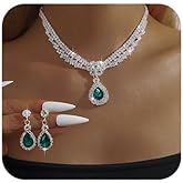Missgrace Women Silver Green Black Rhinestone Crystal Tassels Bridal Wedding Necklace Earrings Sets Blue Christmas Red Teardrop Necklace Dangle Earrings for Wedding Party Prom Brides Bridesmaid