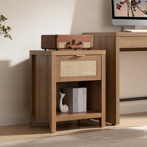 SICOTAS Rattan Nightstand Set of 2 - Farmhouse Night Stand with Drawer and Storage Shelf - Boho Bedside Table End Table Side Table Accent Table for Bedroom