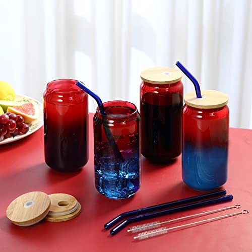 GMWD Set of 4 Red Drinking Glasses with Bamboo Lids and Glass Straw, 16oz Can Shaped Glass Cups Set Tumbler Cup for Coffee Cocktail Beer Whiskey Milky Tea Juice Iced Cream - 2 Cleaning Straw Brushes