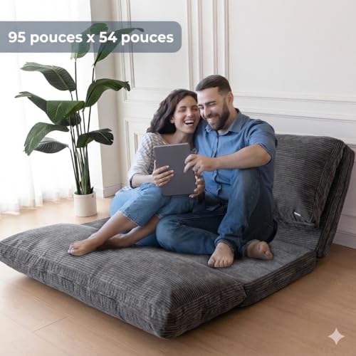 MAXYOYO Folding Bean Bag Chair with Foam Padding, Extra Thick 4 Layers, Mattress/Floor Sofa for Adults, Removable and Machine Washable Cover, Charcoal, 135 x 240 cm