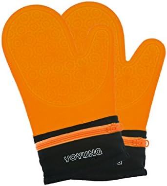 YOYUNG Detachable Silicone Oven Mitt - Oven Mitts with Quilted Cotton Lining -1 Pair of Professional Heat Resistant Potholder Gloves - Washable - Orange