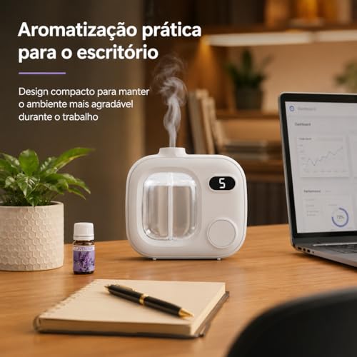 Aromatizador Automático com 12 Essências, Difusor de Aromas Elétrico USB Recarregável, Umidificador de Ar Portátil com Display Digital 5 Modos, Branco