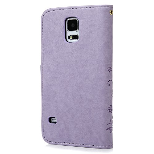 S5 Case, Samsung Galaxy S5 Case - Mavis's Diary Premium Wallet PU Leather with Fashion Embossed Floral Butterfly Magnetic Clasp Card Holders Flip Cover with Hand Strap - Light Purple