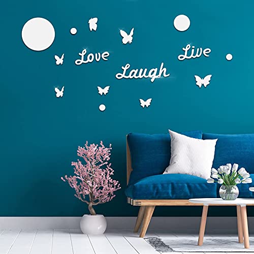 43 Pieces 3D Acrylic Mirror Wall Stickers with Butterfly Decor,DIY Live Laugh Love Family Mirror Wall Decor Solid Circle Mirror Wall Decal for Living Room Bedroom Classroom,SLDIYWOW