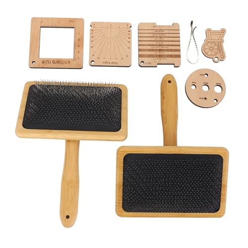 Wooden Knitting Gauge Set, 8 Piece Knitting Tool Set, Wood Blending Board Carding Brush Set with, Wooden Wool Carder Hand Carders for Needle Felting Supplies for Dogs Weaving