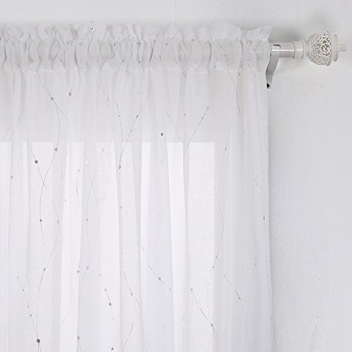 Deconovo Rod Pocket Sheer Curtains Wave Line with Dots Linen Look Sheer Window Covering Shade for Kids Room 52 x 96 Silver 1 Panel