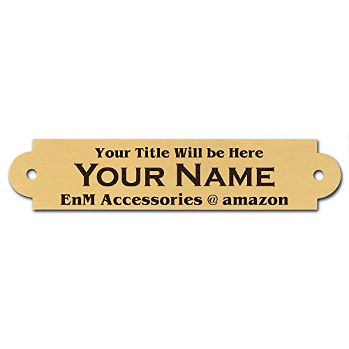 0.75" H x 4" W, Solid Brass Satin Gold Finish Name Plate, Custom Engraved Nameplate Name Tag Personalized Black Text, Decorative Ends with Matching Screws, Made in US