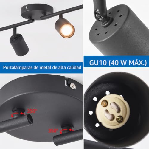 ANWIO Adjustable Black Metal Swivel Spotlight with 4 GU10 Bases – Modern Design for Ceiling Light in Bedrooms, Hallways and Living Rooms (Without Bulbs).