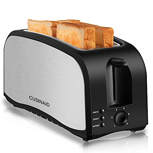 Toaster 4 Slice, CUSINAID 2 Long Slot Toasters with Defrost, Reheat
