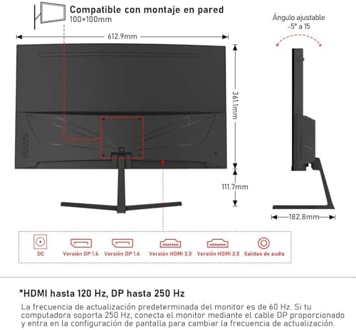 Panel de 27 Pulgadas, Monitor de computadora Curvo Gaming 1800R 250Hz, FHD 1080p 1ms, Freesync, 98% sRGB, Altavoces Integrados, HDMI 2.0, DisplayPort, Compatible con Montaje en Pared - Negro