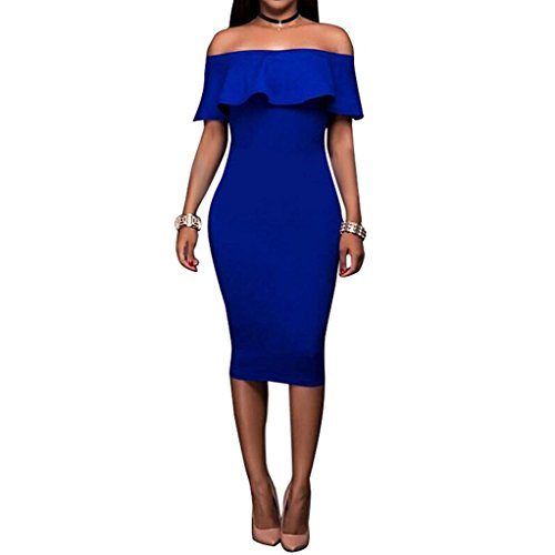 Women s Off Shoulder Ruffles Back Split Slim Stretch Cocktail Party Bodycon Midi Dress L Royal Blue