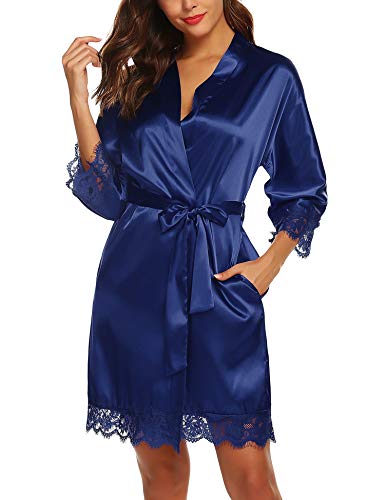 URRU Silk Stain Pure Kimono Wedding Dressing Gown Kimono Robes Bridal Lingerie Sleepwear Navy Blue S - Thumbnail 7