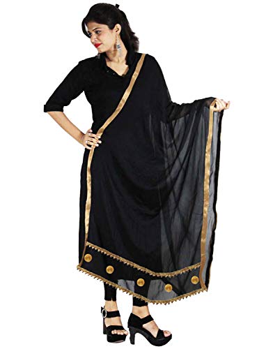 Indian Stole Chunni Floral Dupatta Golden Lace Black Scarf Semi Chiffon Hijab Sarong Wrap Veil For Her