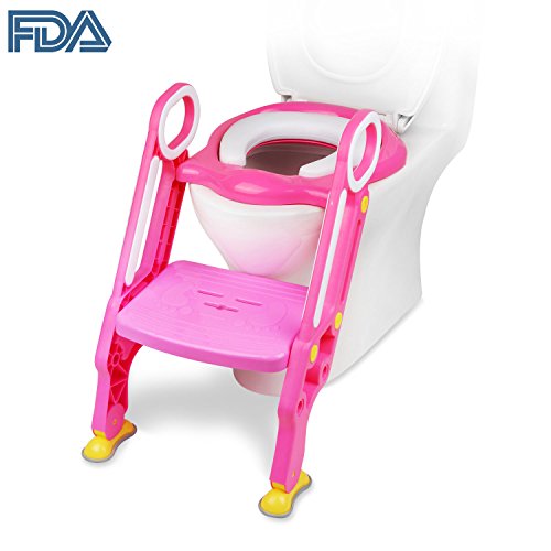 [FDA Certified] Ostrich Toilet Step Trainer Ladder for Kid and Baby, Children’s Toilet Seat Chair, Toddlers Toilet Training Step Stool for Girl and Boy (Pink)