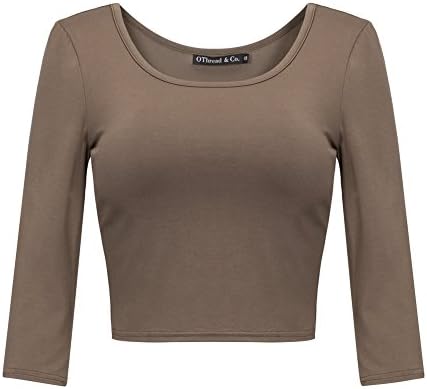 OThread Women's Basic Solid Scoop Neck and Back 3/4 Sleeve Crop Top (Medium, OT017_Coffee)