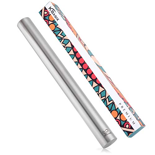 K BASIX Rolling Pin - Professional Stainless Steel Rolling Pin for Baking - Non-Stick Metal Design Best for Pizza Dough, Pie Crust, Fondant, Pastry & Pasta!!