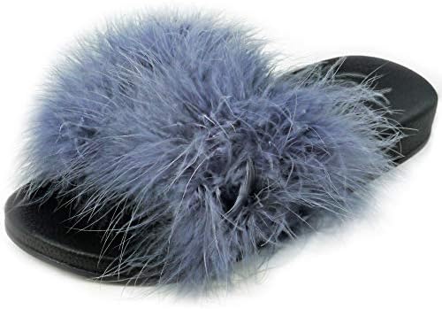 Womens Ladies Long Faux Fur Sliders Sandals Mules