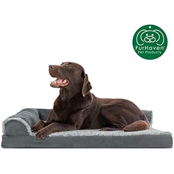 Furhaven Pet Dog Bed | Deluxe Orthopedic Two-Tone Plush Faux Fur & Suede L Shaped Chaise Lounge Living Room Corner Couch Pet Bed w/ Removable Cover for Dogs & Cats, Stone Gray, Large