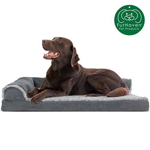 Furhaven Pet Dog Bed | Deluxe Orthopedic Two-Tone Plush Faux Fur & Suede L Shaped Chaise Lounge Living Room Corner Couch Pet Bed w/ Removable Cover for Dogs & Cats, Stone Gray, Large