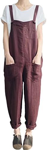 Fancy beautystyle Women's Casual Overalls Linen Jumpsuits Harem Pants With Pockets (Large, Burgundy)