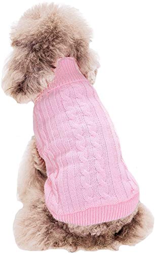 FAMI Small Dog Pullover Sweater, Cold Weather Cable Knitwear, Classic Turtleneck Thick Warm Clothes for Chihuahua, Bulldog, Dachshund, Pug, Yorkie (Pink,Small)