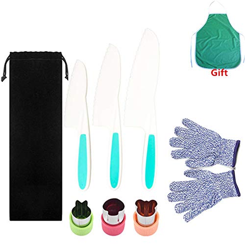Pocomoco Kids Kitchen Knife Set Children Safe Cooking Plastic Knives Set with Kids Apron, Cut-resistant Gloves (Ages 6-12), Vegetables Cutters Perfect for Fruit, Bread, Cake, Lettuce, Salad (Blue)