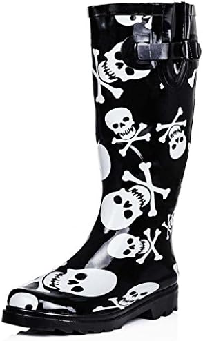 Womens Skull And Crossbone Calf Buckle Flat Wellington Knee High Boots "Pirate" Black US Sz 8